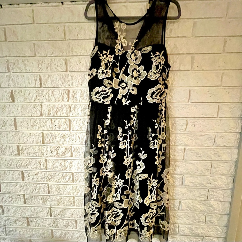 Black Dress with Embroidered Floral Appliqué, Size 12